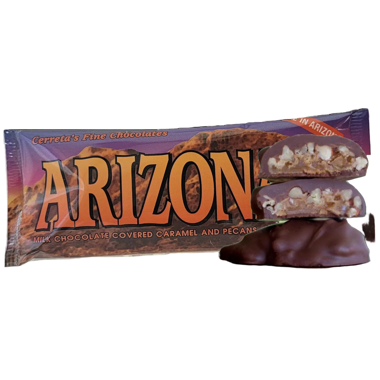 Cerreta's Fine Chocolate bar packaging with 'Arizona' branding on a white background