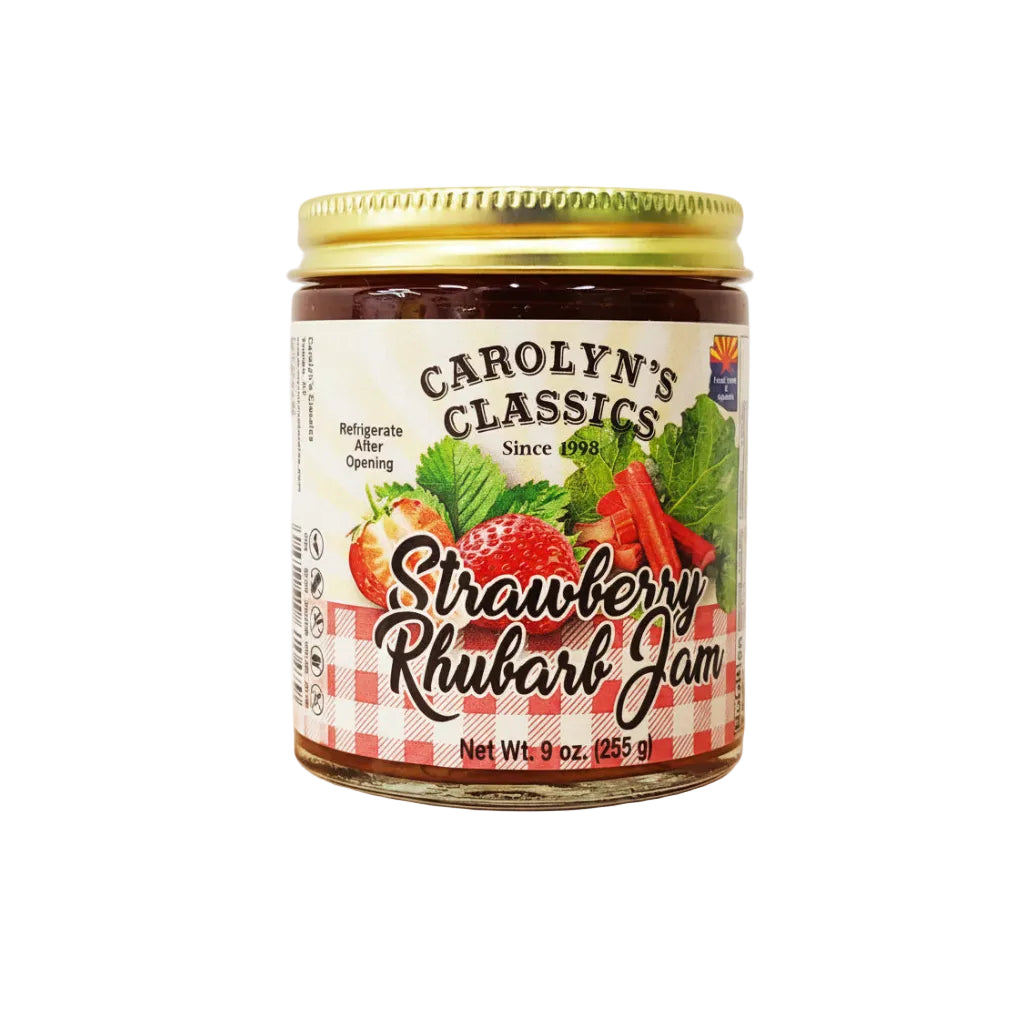 A jar of Carolyn's Classics Strawberry Rhubarb Jam
