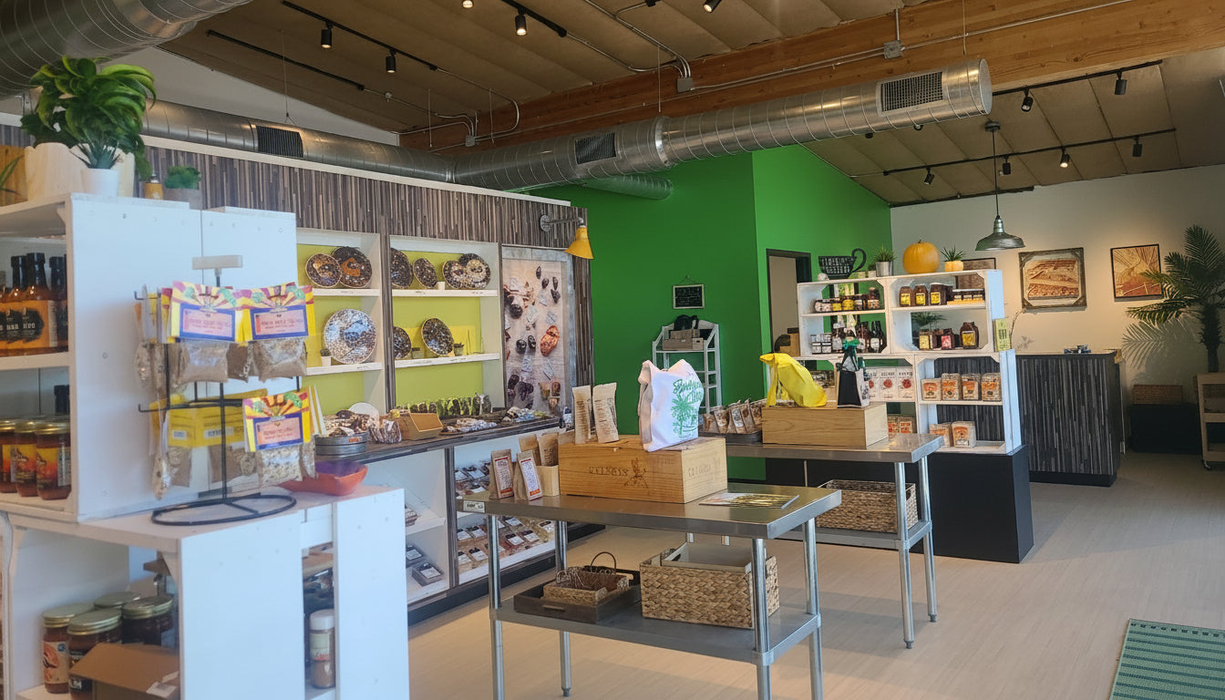 Store interior with product displays and a green wall