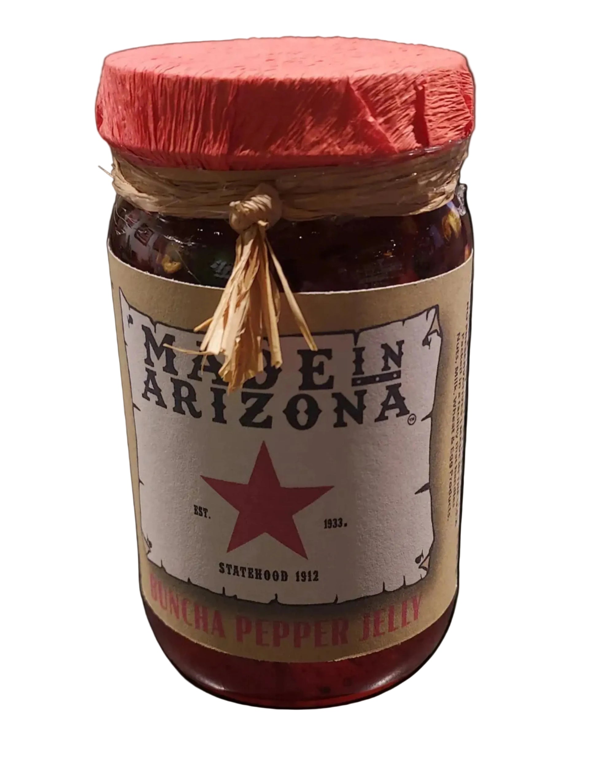 Jar of salsa with a star label on a gray surface